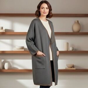 Soft Surroundings Longline Cardigan Womens Sz M Gray Wool Blend Open Front Knit